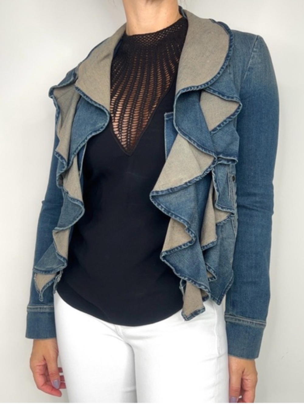 Plein Sud Two-Tone Ruffled Denim Jacket - Blue & Gray